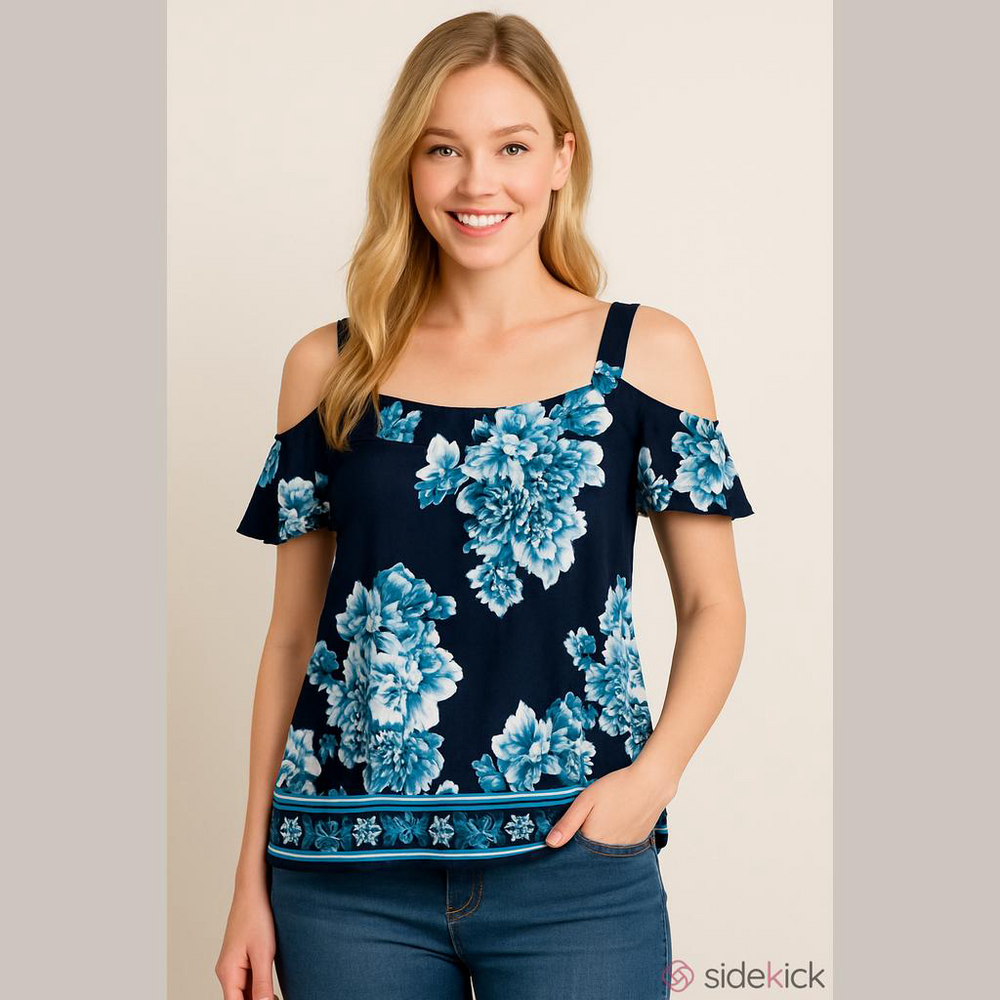 INC International Concepts Cold Shoulder Floral Top Navy Blue Teal Size M